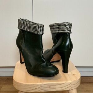 Lenora Green Leather Ankle Boots with Houndstooth Cuff, Size 39